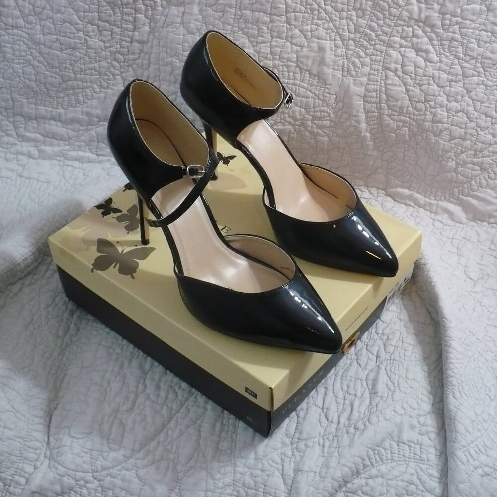 NEW IN BOX- PLEASER BRAND BLACK PATENT 5" HEELS WITH STRAP- SIZE 15M
